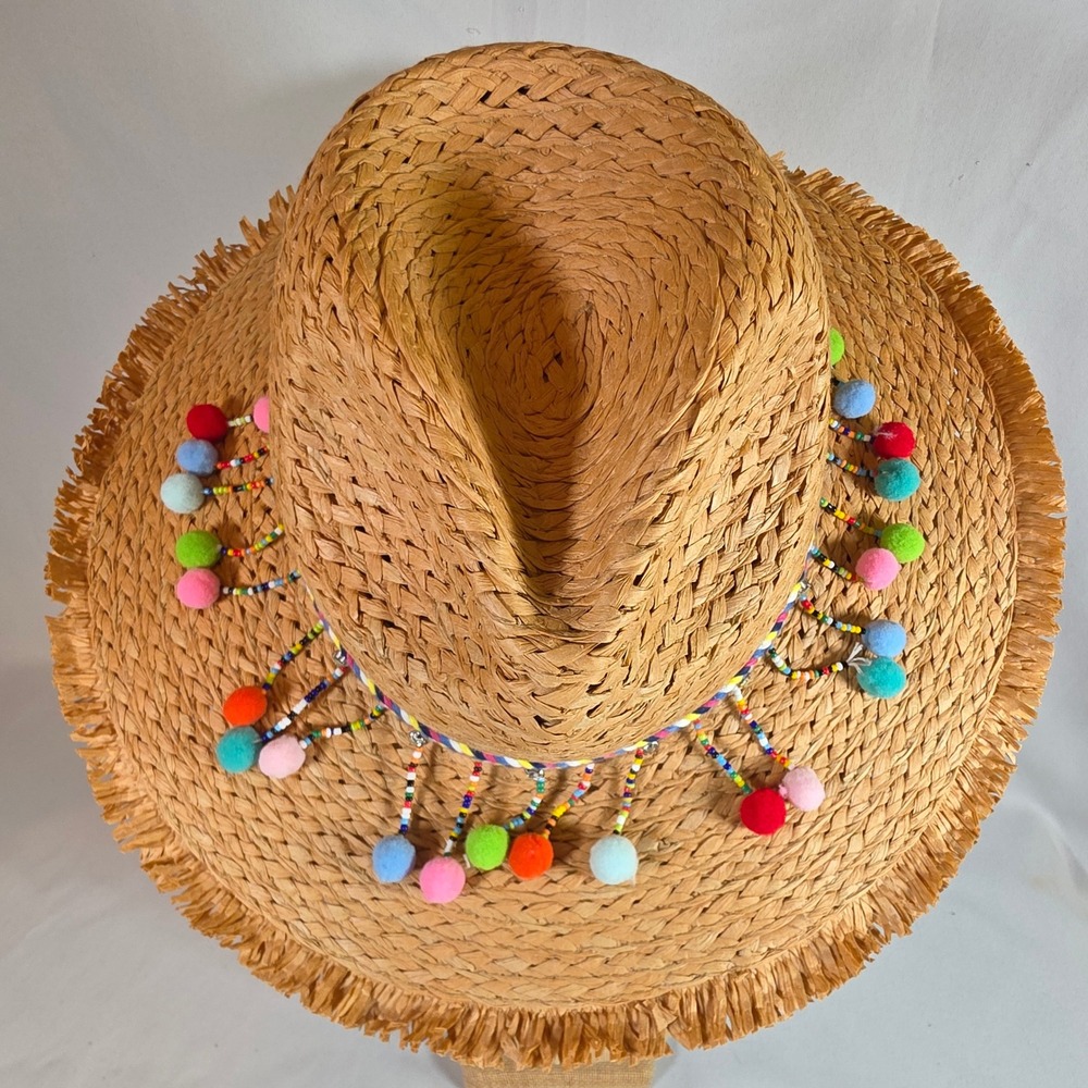 Betsey Johnson Straw Panama Hat Tan Women's Pom Pom Bead Fringed Sun Beach